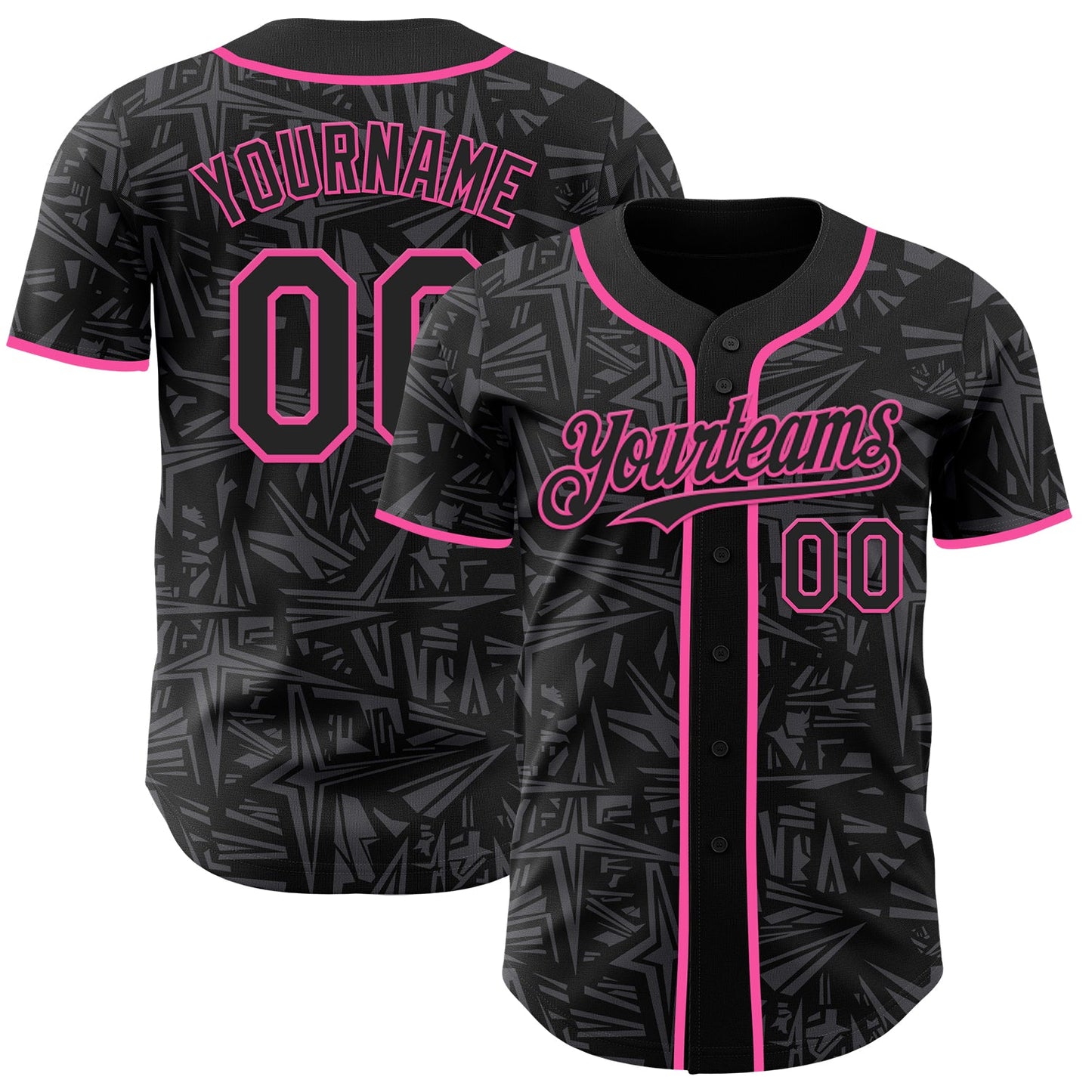 Custom Black Steel Gray-Pink Geometric Cyber Starburst Authentic Baseball Jersey - Main View