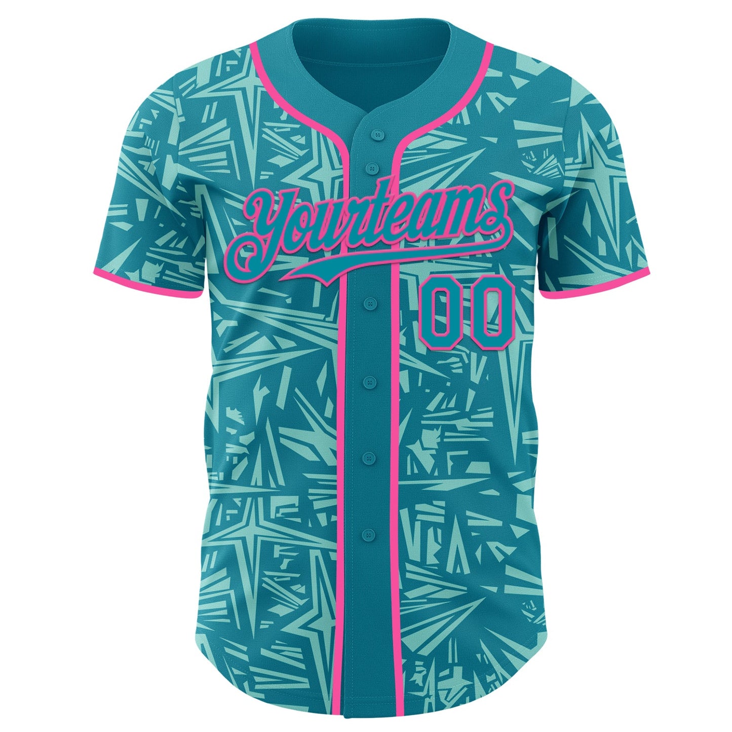 Custom Teal Ice Blue-Pink Geometric Cyber Starburst Authentic Baseball Jersey view 2