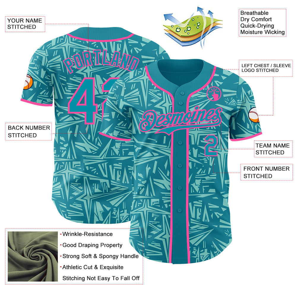Custom Teal Ice Blue-Pink Geometric Cyber Starburst Authentic Baseball Jersey view 3