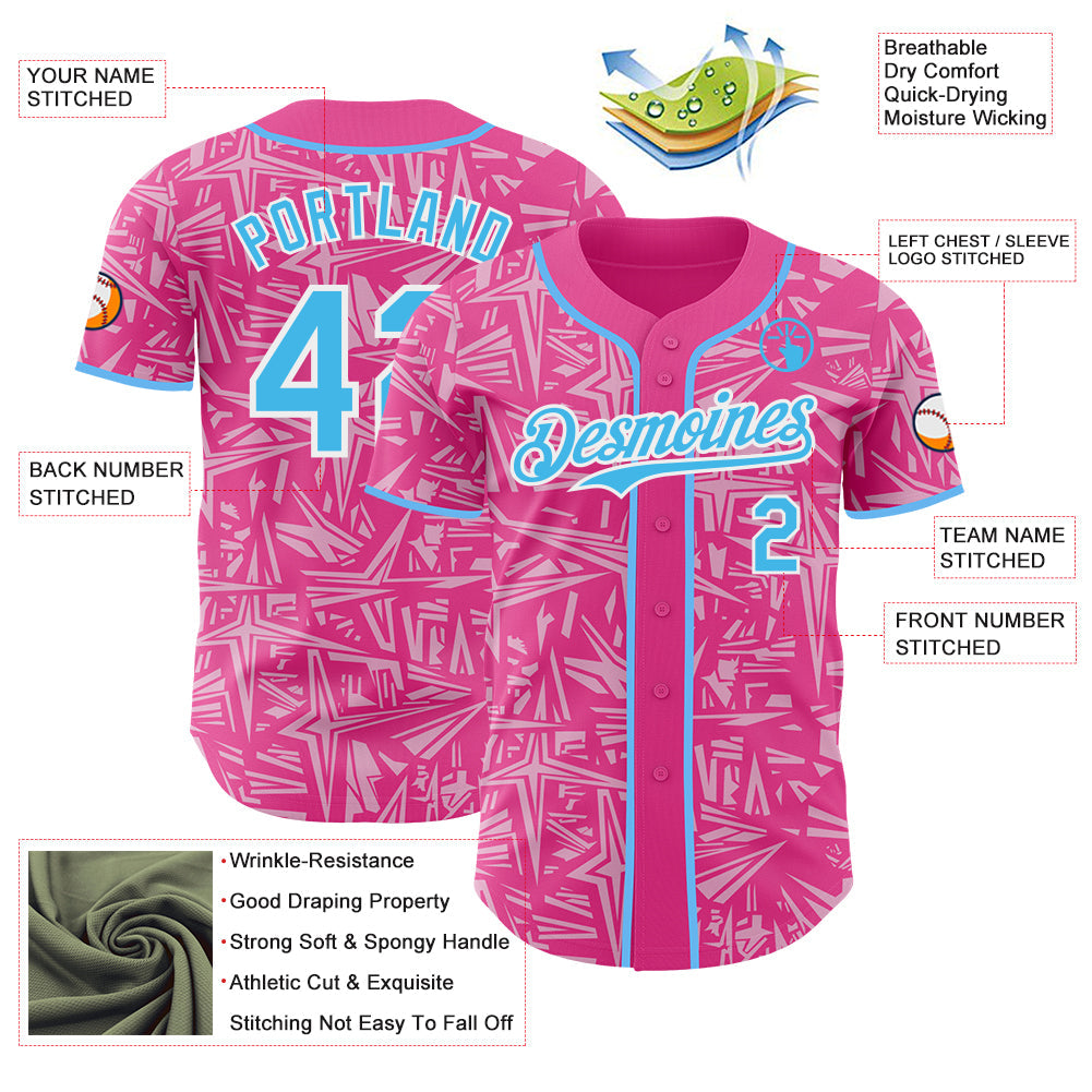 Custom Pink Sky Blue Light Pink-White Geometric Cyber Starburst Authentic Baseball Jersey view 3