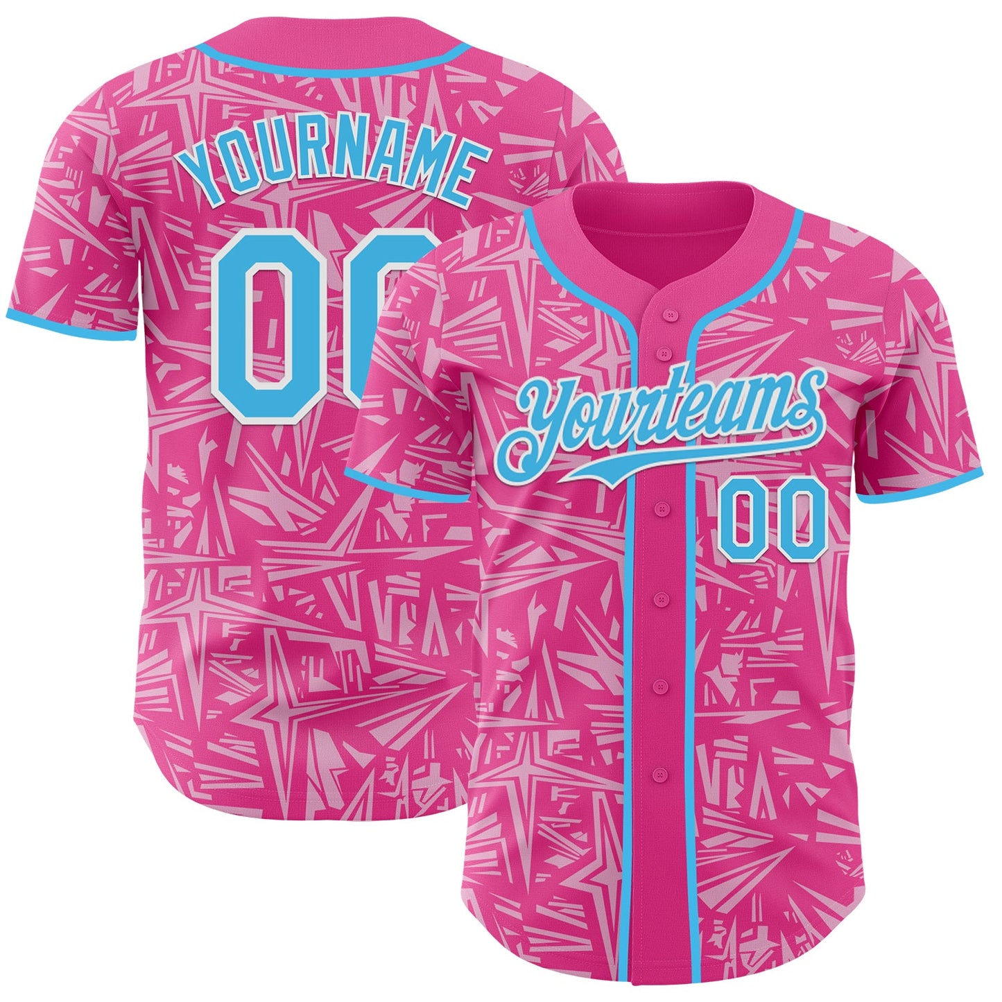Custom Pink Sky Blue Light Pink-White Geometric Cyber Starburst Authentic Baseball Jersey - Main View