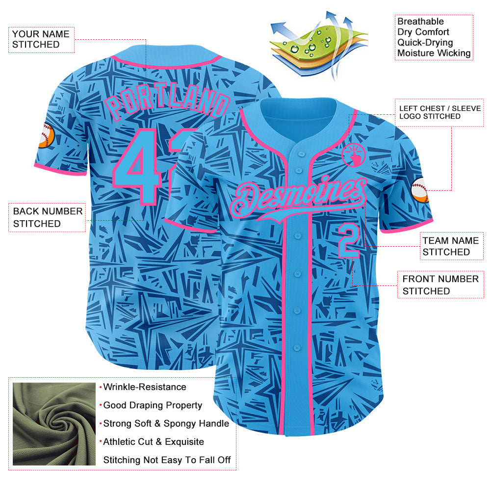 Custom Sky Blue Blue-Pink Geometric Cyber Starburst Authentic Baseball Jersey view 3