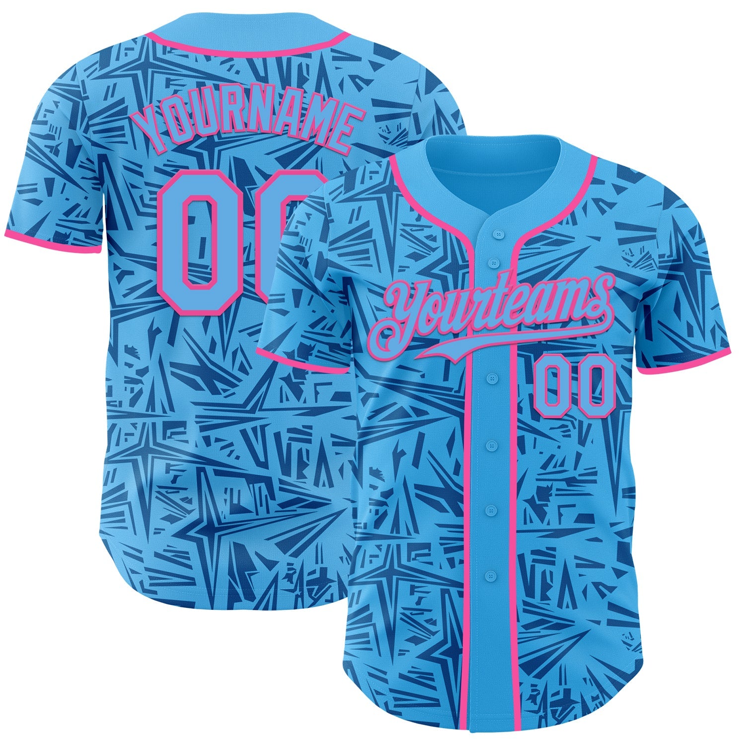 Custom Sky Blue Blue-Pink Geometric Cyber Starburst Authentic Baseball Jersey - Main View