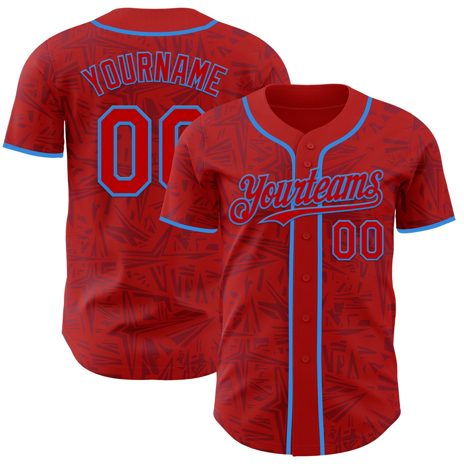 Custom Red-Electric Blue Geometric Cyber Starburst Authentic Baseball Jersey - Main View