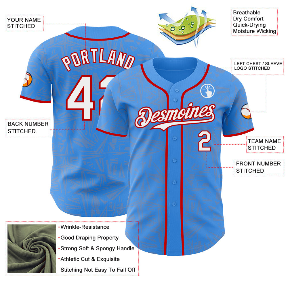 Custom Electric Blue White Gray-Red Geometric Cyber Starburst Authentic Baseball Jersey view 3