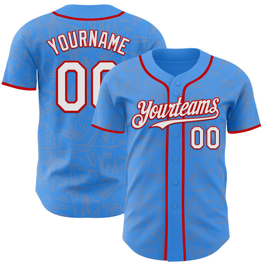 Custom Electric Blue White Gray-Red Geometric Cyber Starburst Authentic Baseball Jersey - Main View