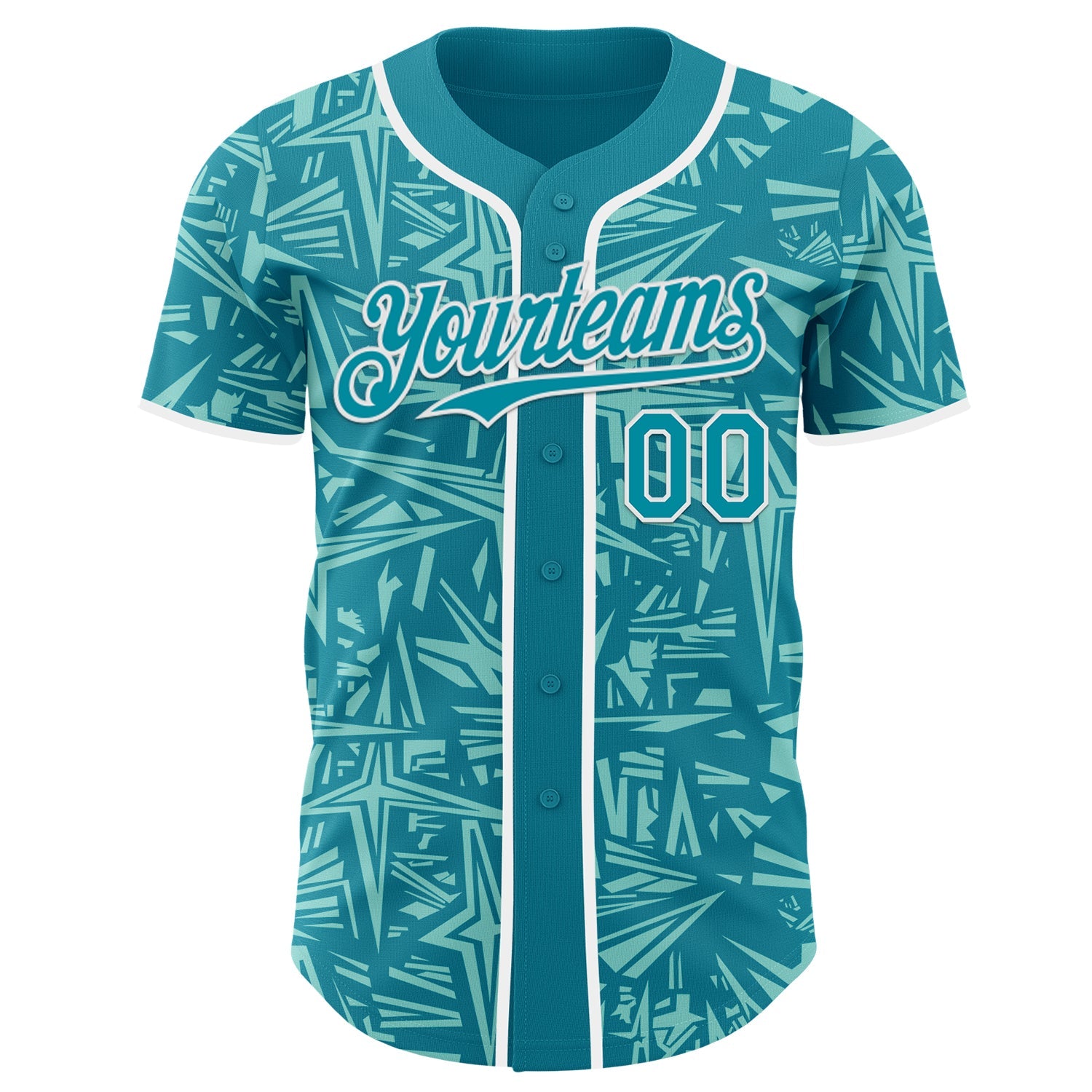 Custom Teal Ice Blue-White Geometric Cyber Starburst Authentic Baseball Jersey view 2