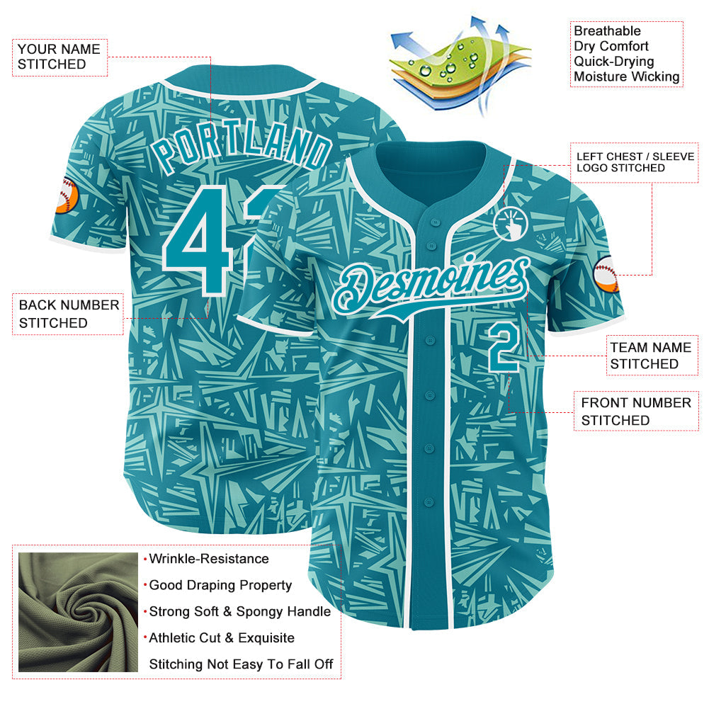 Custom Teal Ice Blue-White Geometric Cyber Starburst Authentic Baseball Jersey view 3