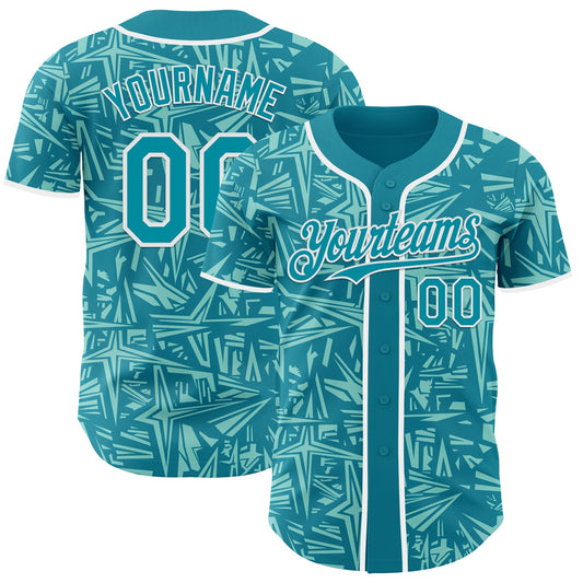 Custom Teal Ice Blue-White Geometric Cyber Starburst Authentic Baseball Jersey - Main View