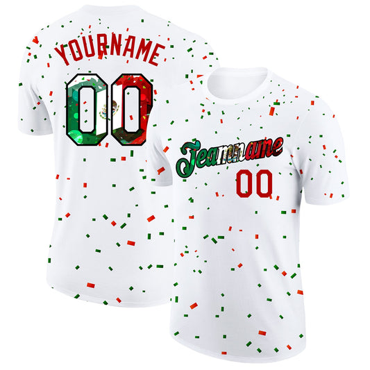 Custom White Mexican Flag Red Kelly Green-Black 3D Performance T-Shirt - Main View
