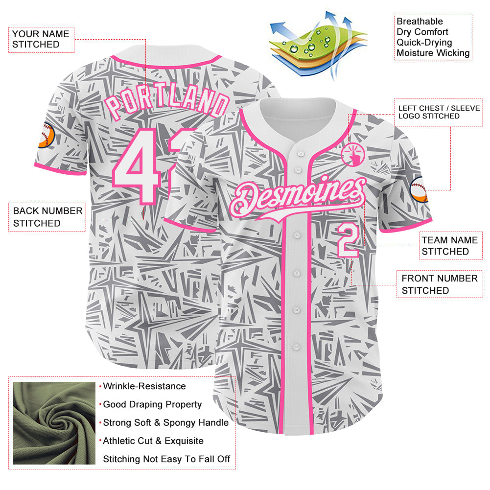 Custom White Gray-Pink Geometric Cyber Starburst Authentic Baseball Jersey view 3
