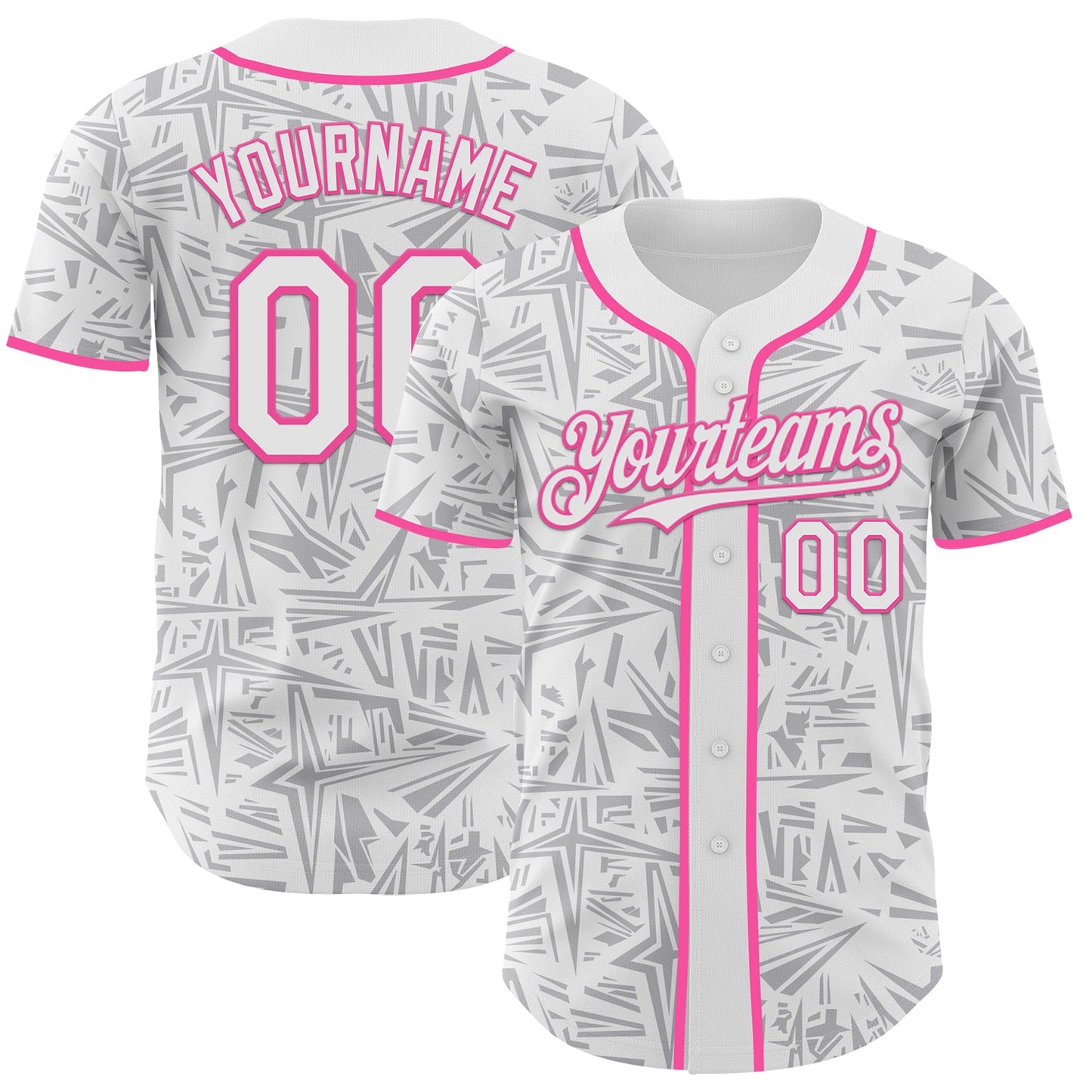 Custom White Gray-Pink Geometric Cyber Starburst Authentic Baseball Jersey - Main View