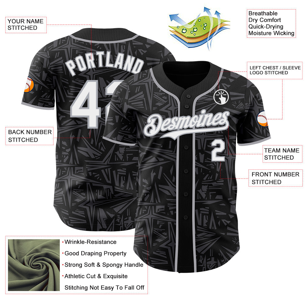 Custom Black White Steel Gray-Gray Geometric Cyber Starburst Authentic Baseball Jersey view 3