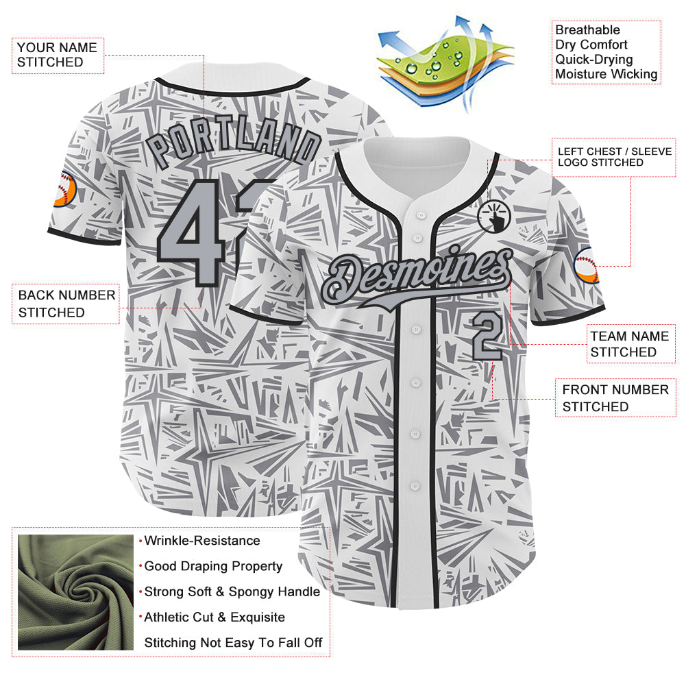 Custom White Gray-Black Geometric Cyber Starburst Authentic Baseball Jersey view 3