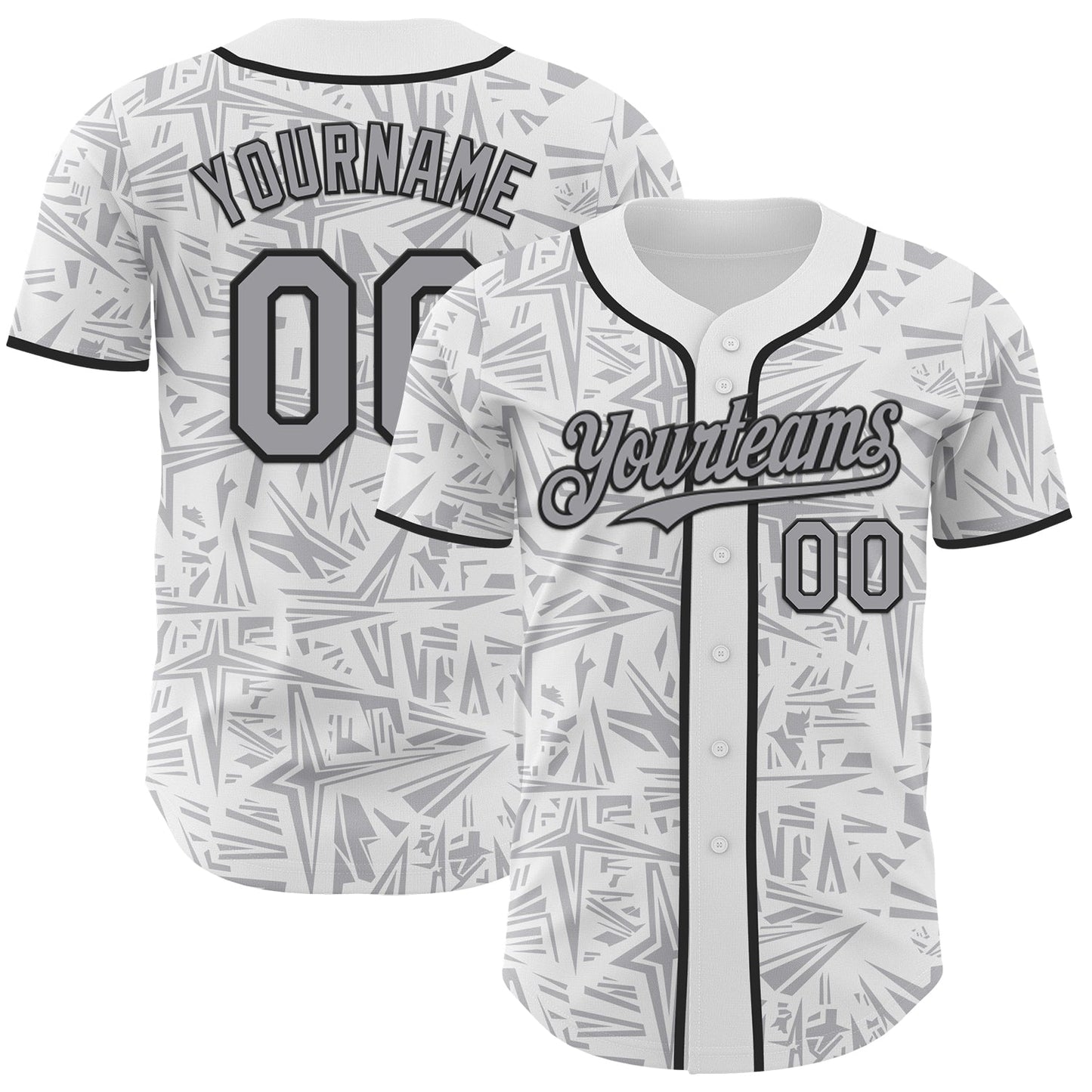 Custom White Gray-Black Geometric Cyber Starburst Authentic Baseball Jersey - Main View
