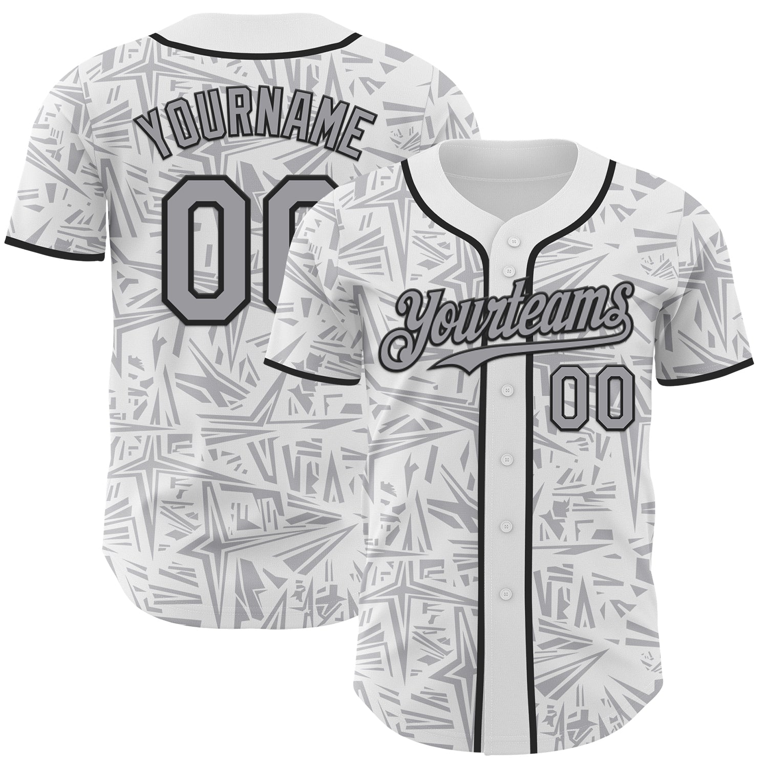 Custom White Gray-Black Geometric Cyber Starburst Authentic Baseball Jersey - Main View