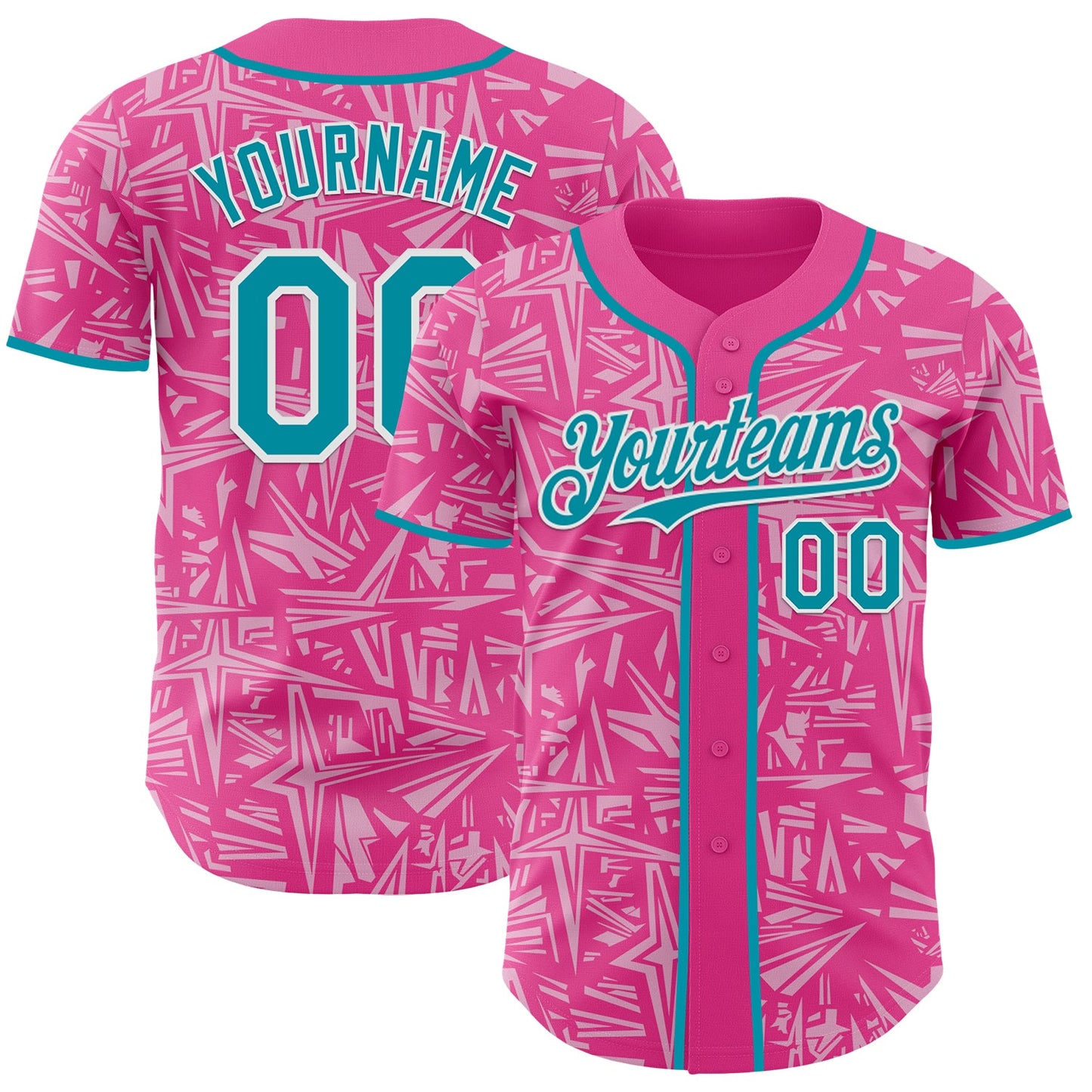 Custom Pink Teal Light Pink-White Geometric Cyber Starburst Authentic Baseball Jersey - Main View