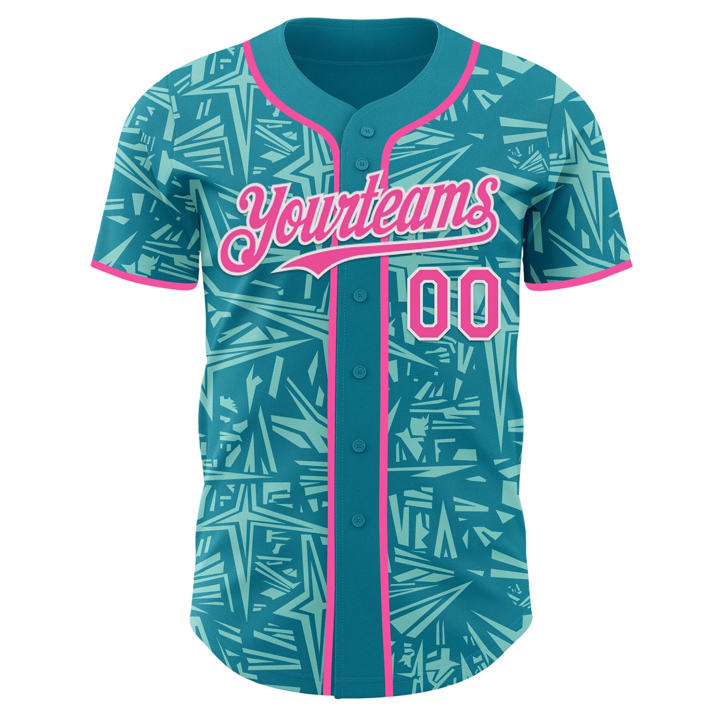 Custom Teal Pink Ice Blue-White Geometric Cyber Starburst Authentic Baseball Jersey view 2