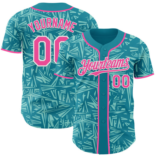 Custom Teal Pink Ice Blue-White Geometric Cyber Starburst Authentic Baseball Jersey - Main View