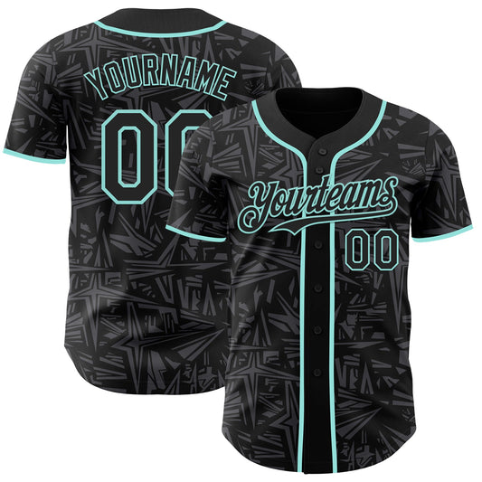 Custom Black Steel Gray-Ice Blue Geometric Cyber Starburst Authentic Baseball Jersey - Main View