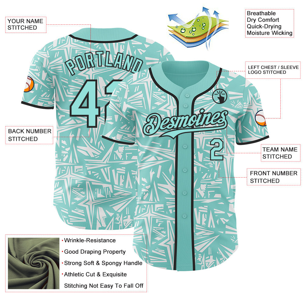 Custom Ice Blue White-Black Geometric Cyber Starburst Authentic Baseball Jersey view 3