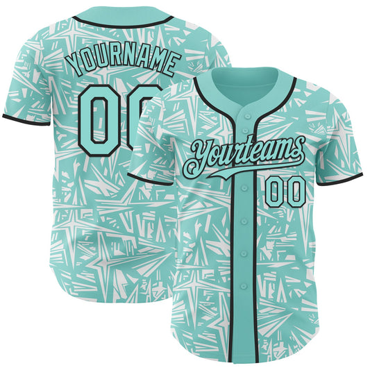 Custom Ice Blue White-Black Geometric Cyber Starburst Authentic Baseball Jersey - Main View