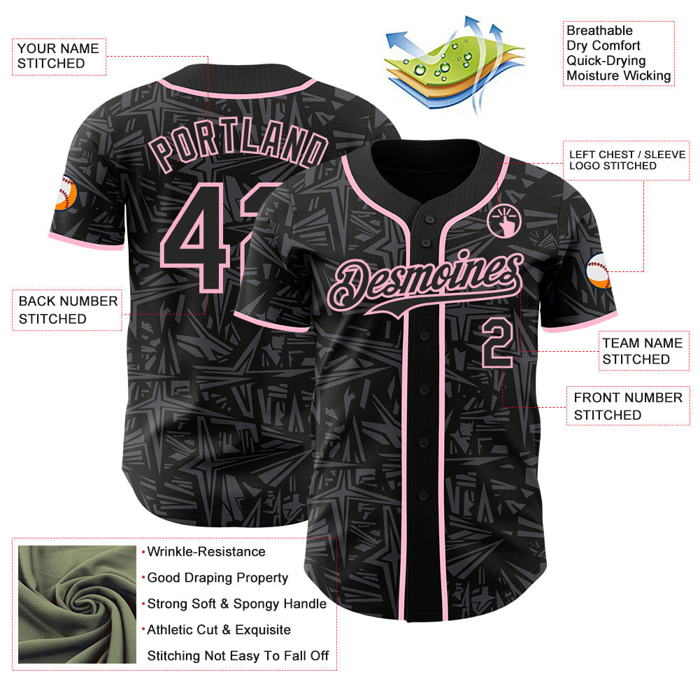 Custom Black Steel Gray-Light Pink Geometric Cyber Starburst Authentic Baseball Jersey view 3