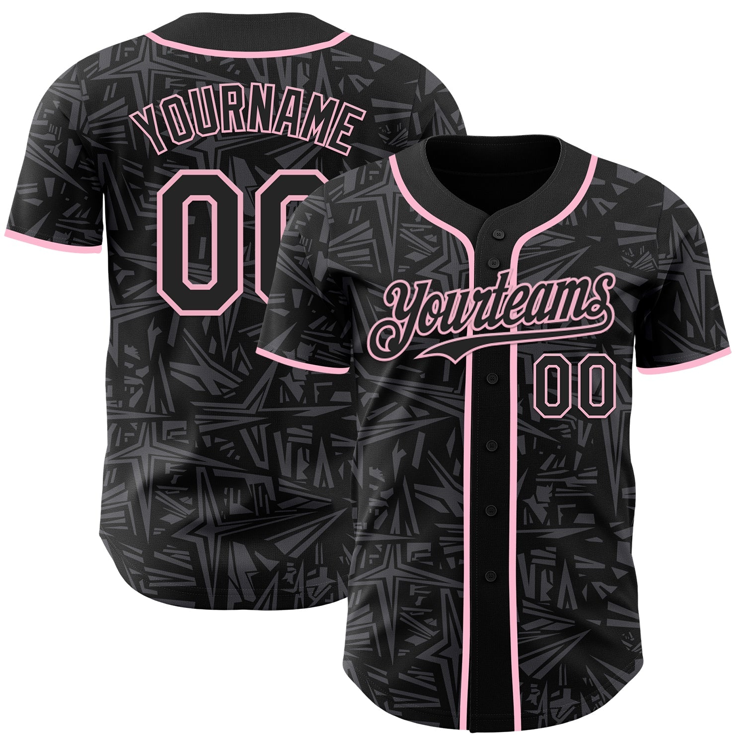 Custom Black Steel Gray-Light Pink Geometric Cyber Starburst Authentic Baseball Jersey - Main View