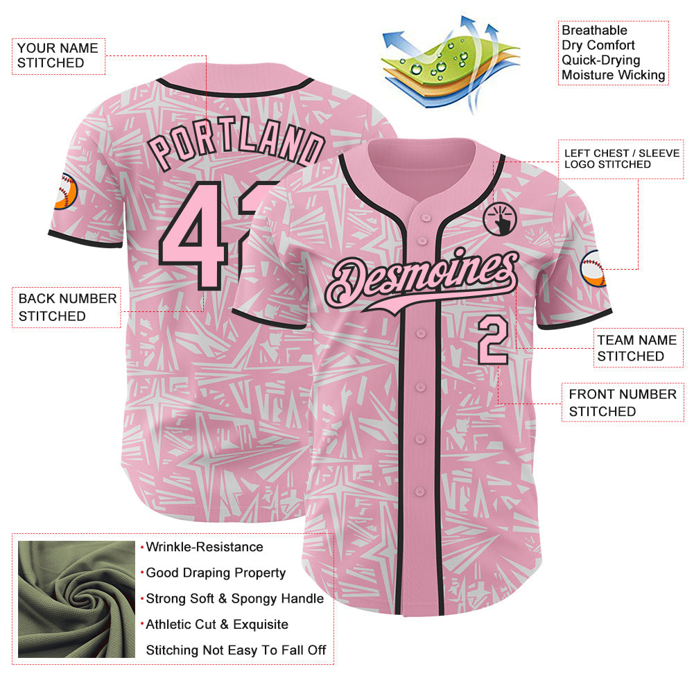 Custom Light Pink White-Black Geometric Cyber Starburst Authentic Baseball Jersey view 3