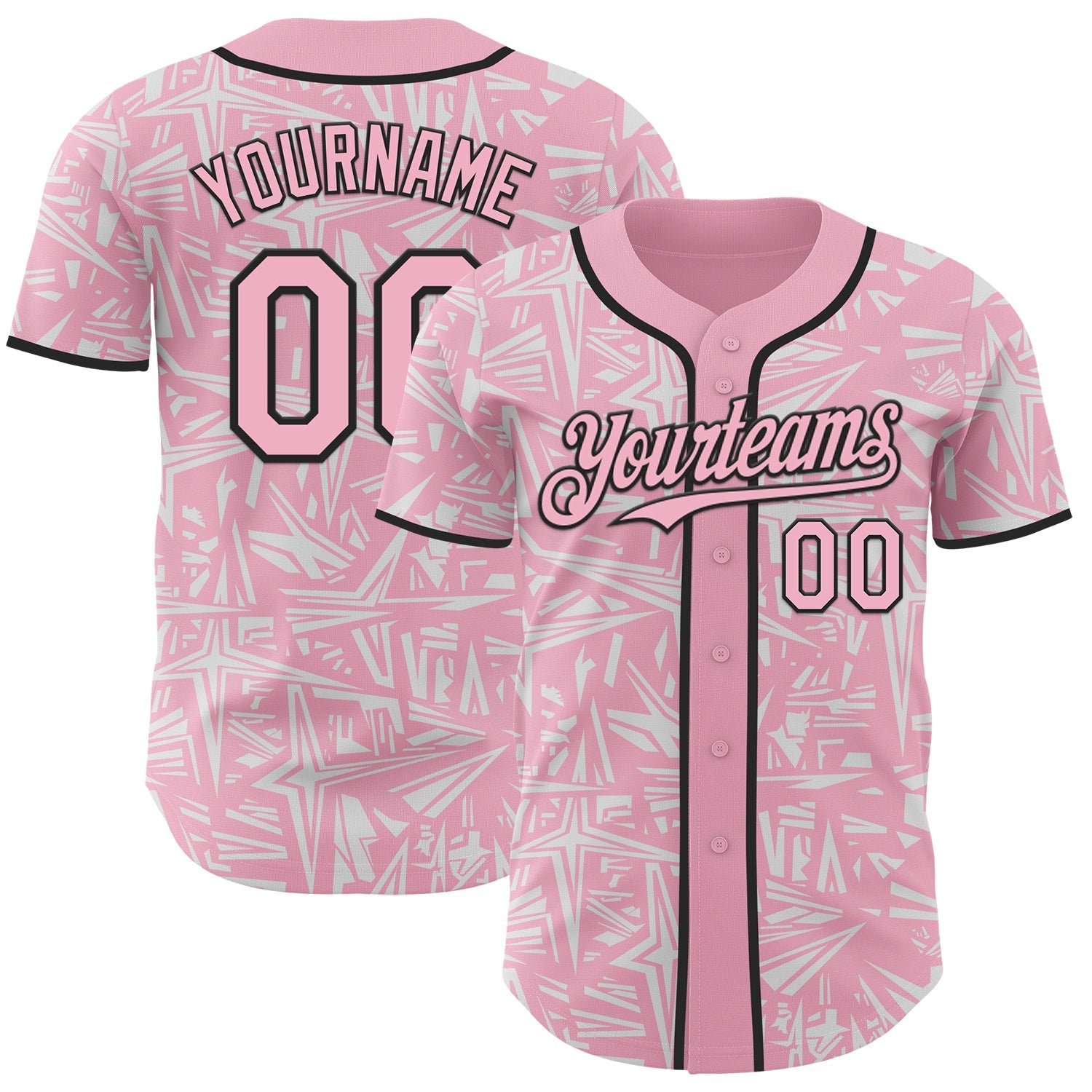 Custom Light Pink White-Black Geometric Cyber Starburst Authentic Baseball Jersey - Main View
