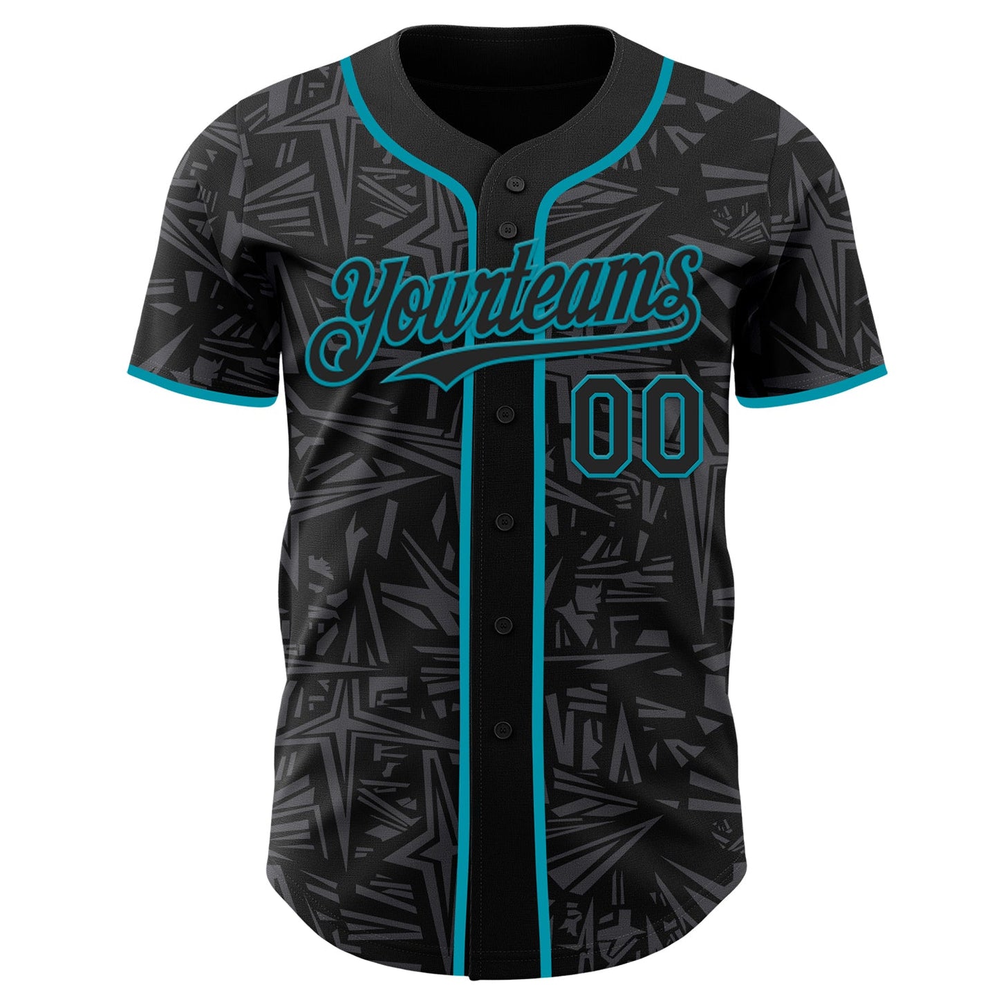 Custom Black Steel Gray-Teal Geometric Cyber Starburst Authentic Baseball Jersey view 2