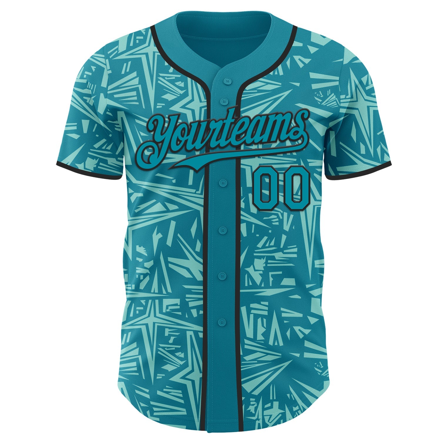 Custom Teal Ice Blue-Black Geometric Cyber Starburst Authentic Baseball Jersey view 2