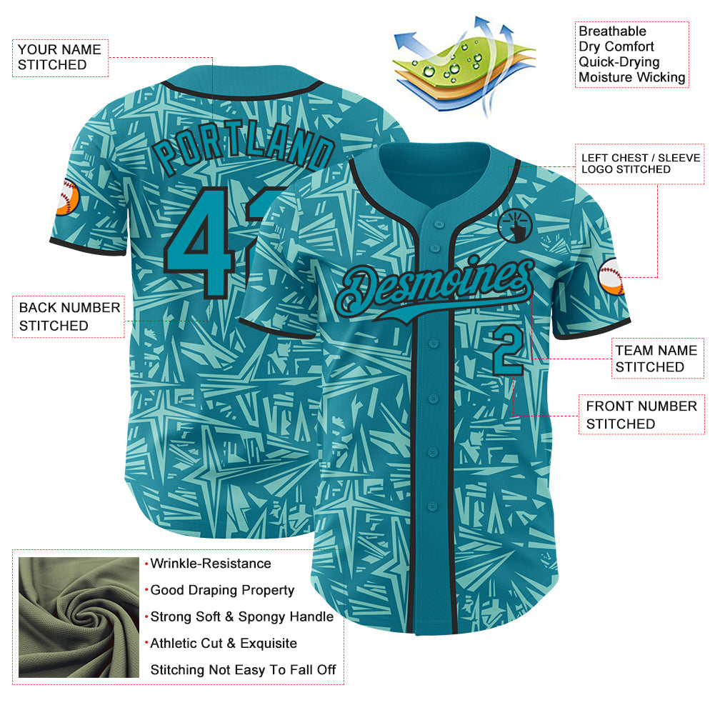 Custom Teal Ice Blue-Black Geometric Cyber Starburst Authentic Baseball Jersey view 3