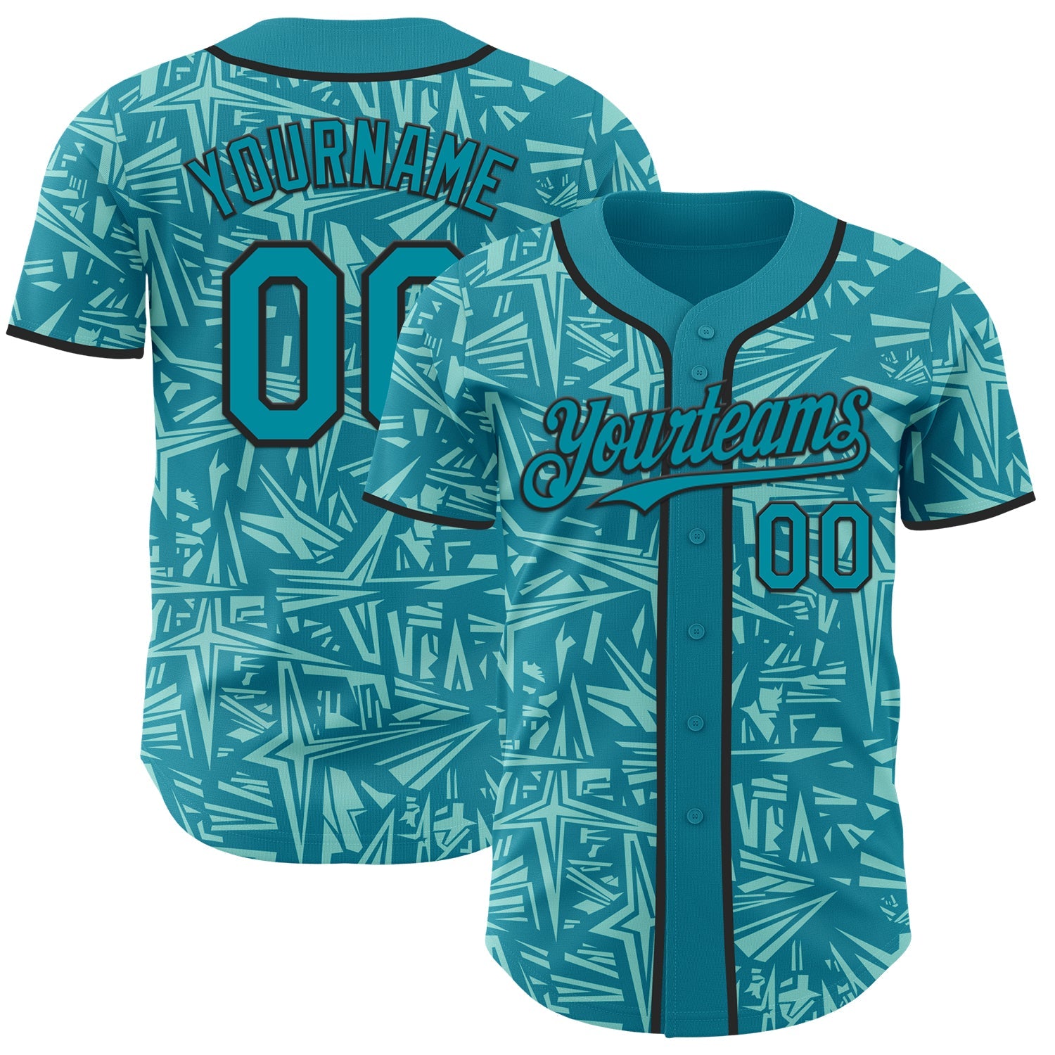 Custom Teal Ice Blue-Black Geometric Cyber Starburst Authentic Baseball Jersey - Main View