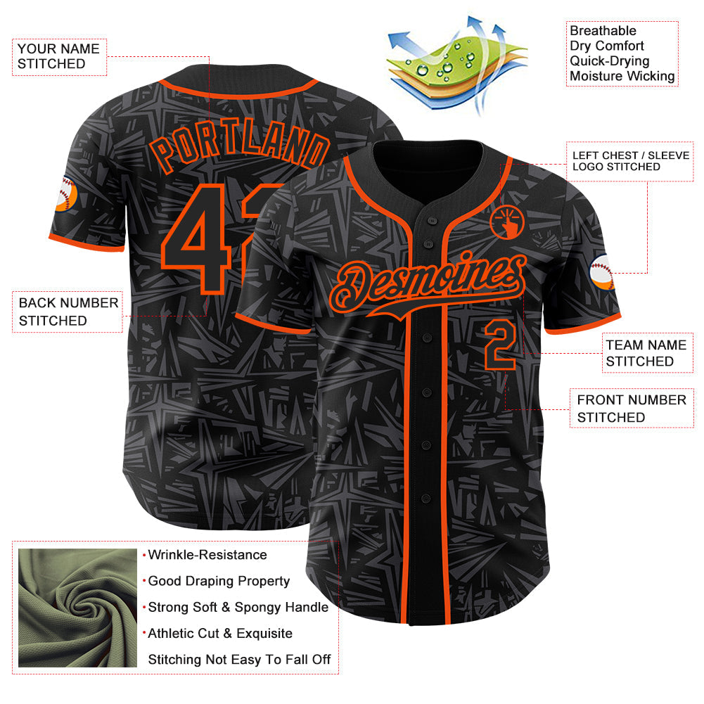 Custom Black Steel Gray-Orange Geometric Cyber Starburst Authentic Baseball Jersey view 3