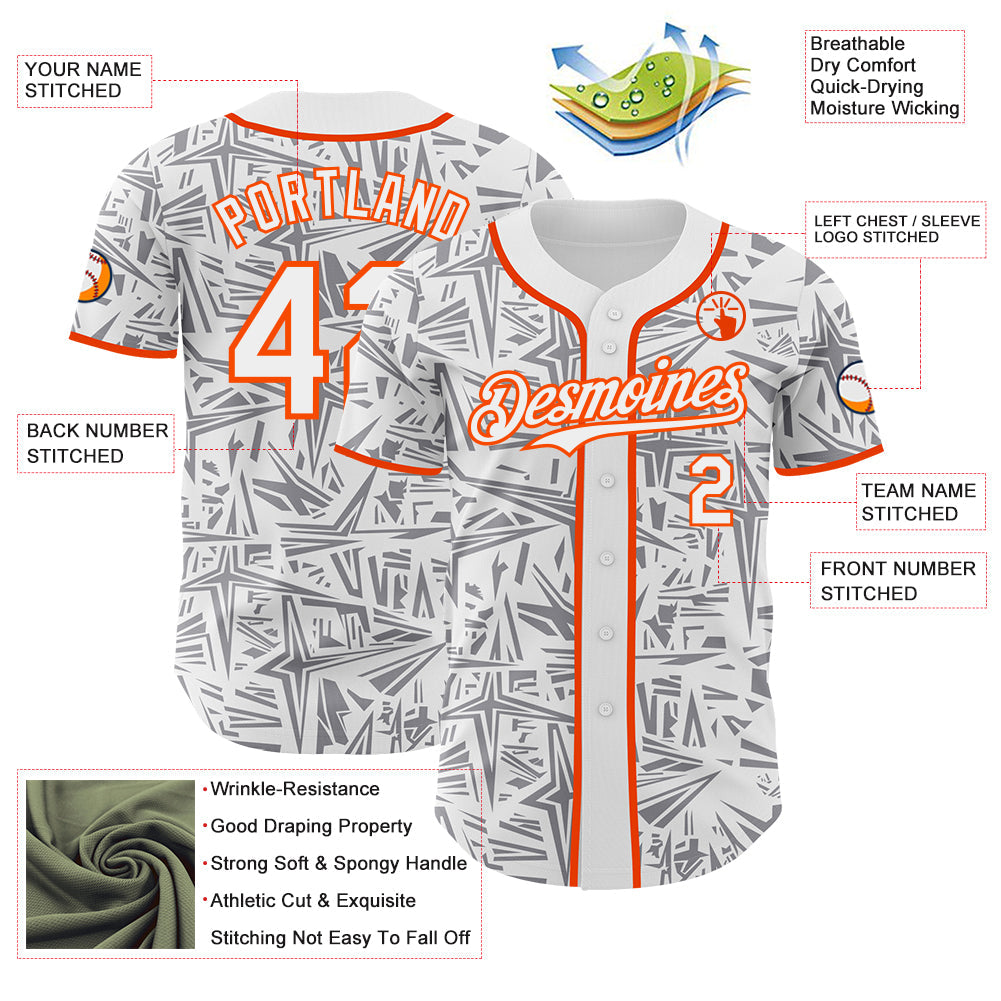 Custom White Gray-Orange Geometric Cyber Starburst Authentic Baseball Jersey view 3
