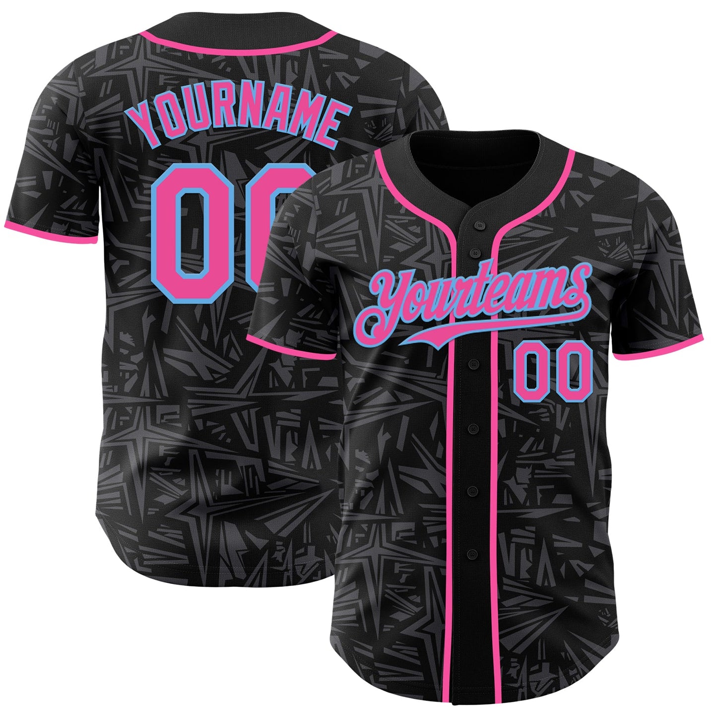 Custom Black Pink Steel Gray-Sky Blue Geometric Cyber Starburst Authentic Baseball Jersey - Main View