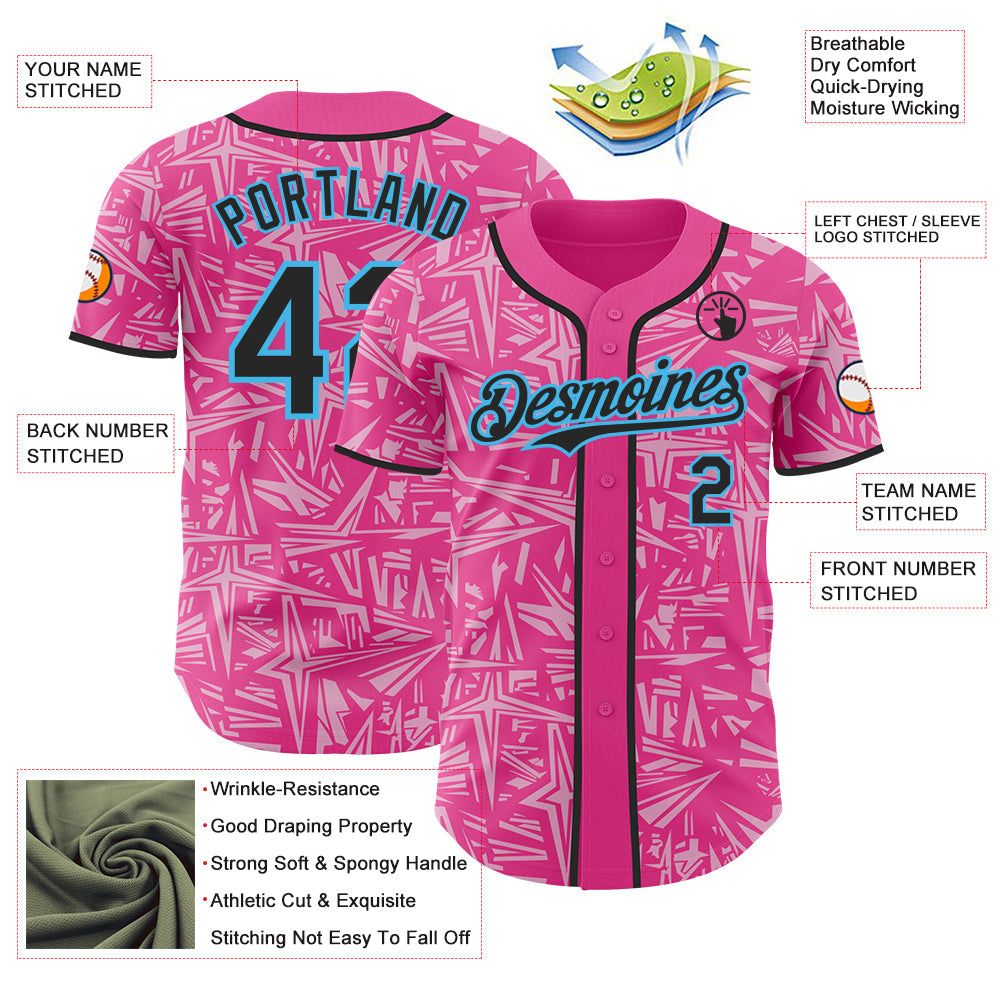Custom Pink Black Light Pink-Sky Blue Geometric Cyber Starburst Authentic Baseball Jersey view 3