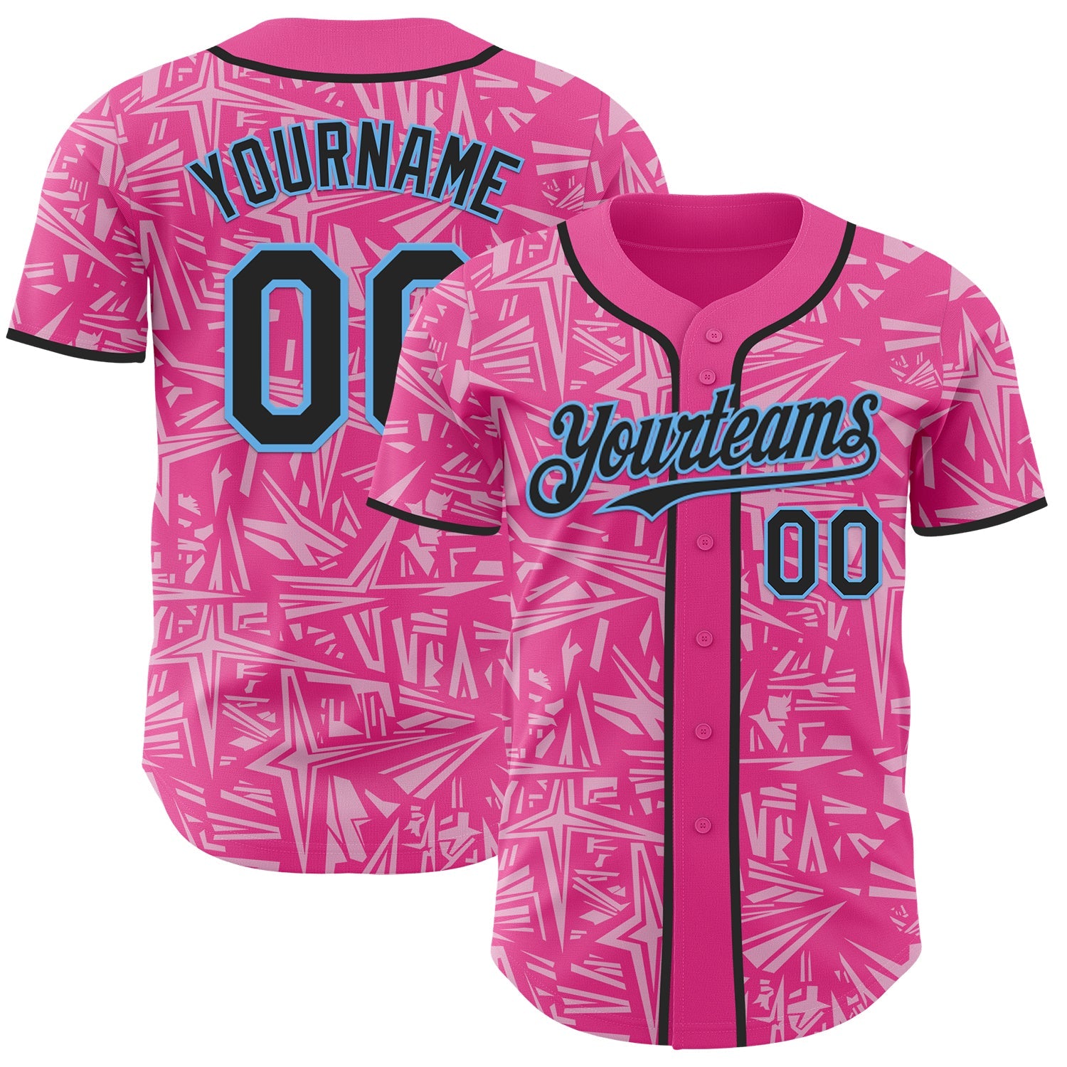 Custom Pink Black Light Pink-Sky Blue Geometric Cyber Starburst Authentic Baseball Jersey - Main View