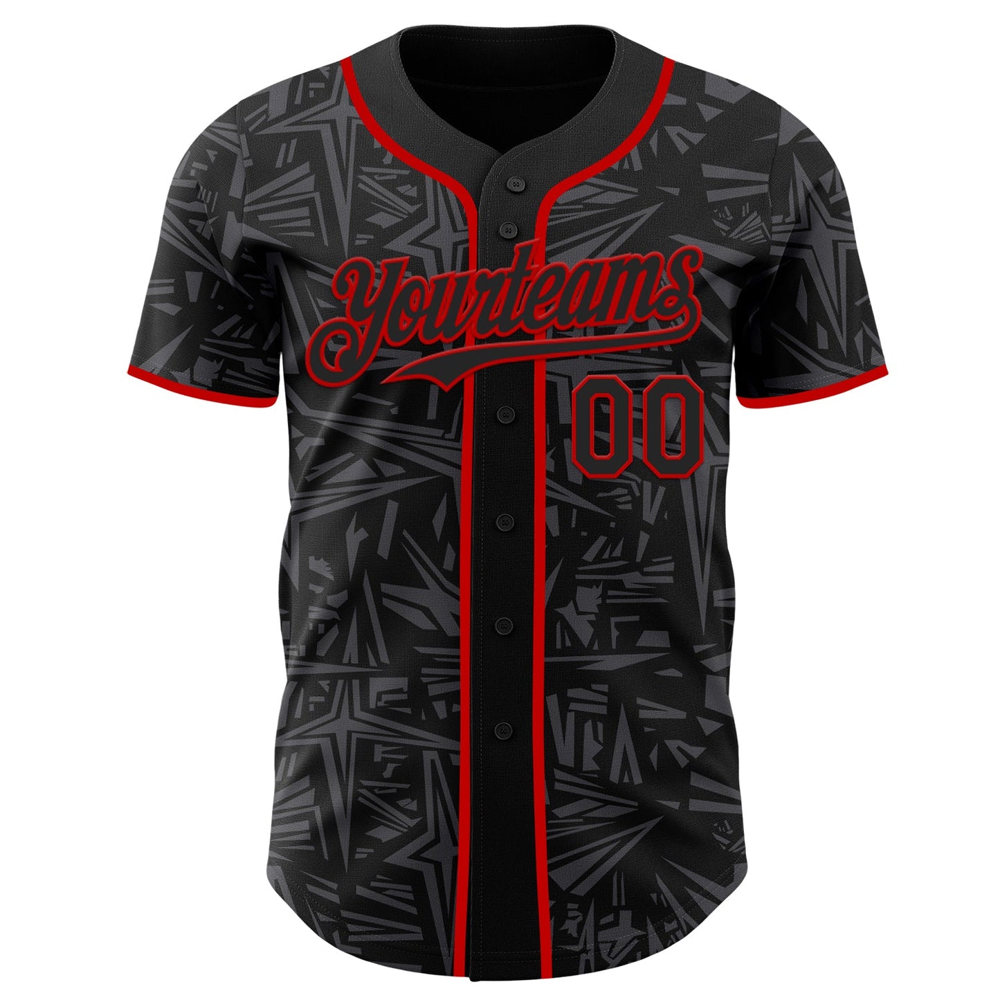 Custom Black Steel Gray-Red Geometric Cyber Starburst Authentic Baseball Jersey view 2