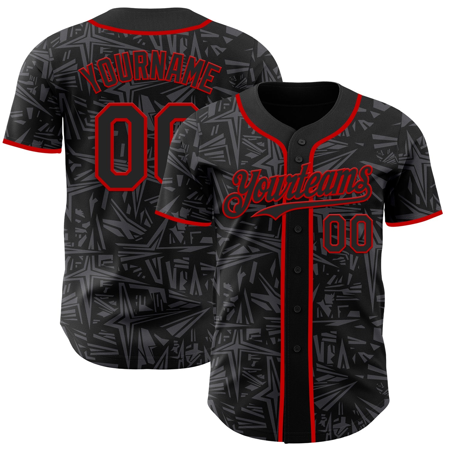 Custom Black Steel Gray-Red Geometric Cyber Starburst Authentic Baseball Jersey - Main View