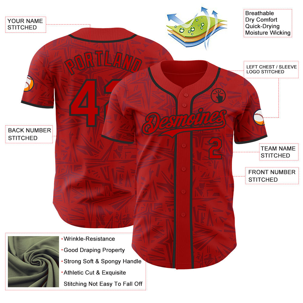 Custom Red-Black Geometric Cyber Starburst Authentic Baseball Jersey view 3