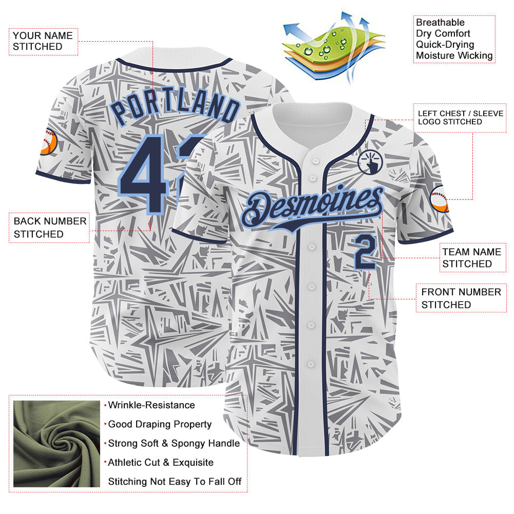 Custom White Navy Gray-Light Blue Geometric Cyber Starburst Authentic Baseball Jersey view 3