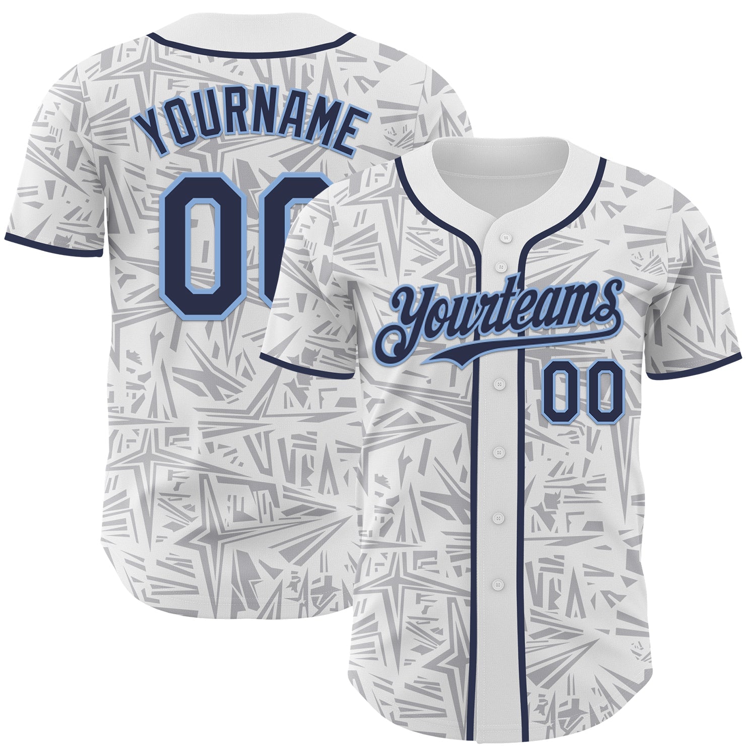 Custom White Navy Gray-Light Blue Geometric Cyber Starburst Authentic Baseball Jersey - Main View
