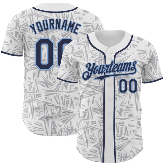 Custom White Navy Gray-Light Blue Geometric Cyber Starburst Authentic Baseball Jersey - Main View