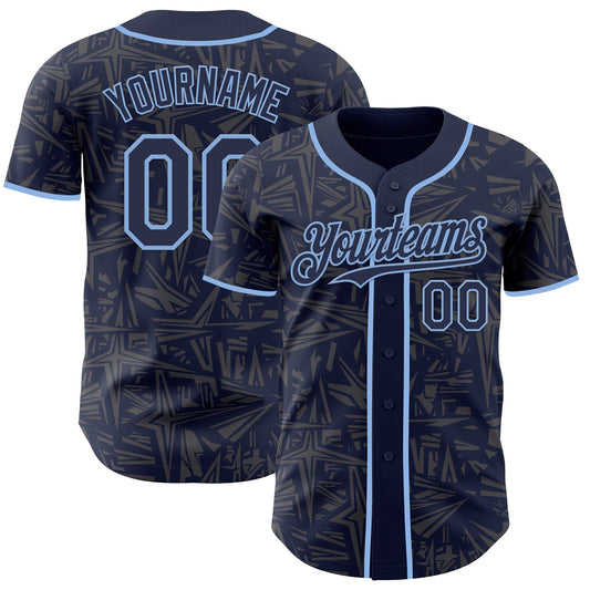 Custom Navy Steel Gray-Light Blue Geometric Cyber Starburst Authentic Baseball Jersey - Main View
