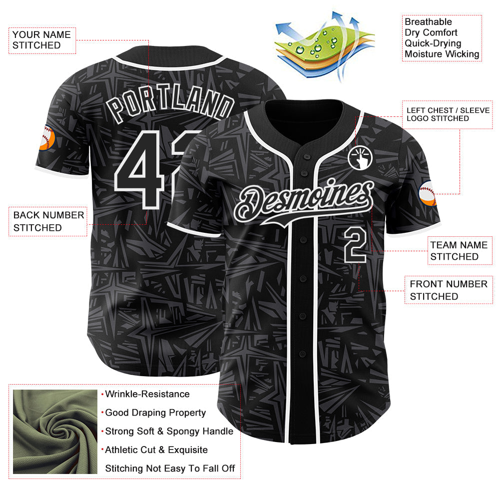 Custom Black Steel Gray-White Geometric Cyber Starburst Authentic Baseball Jersey view 3