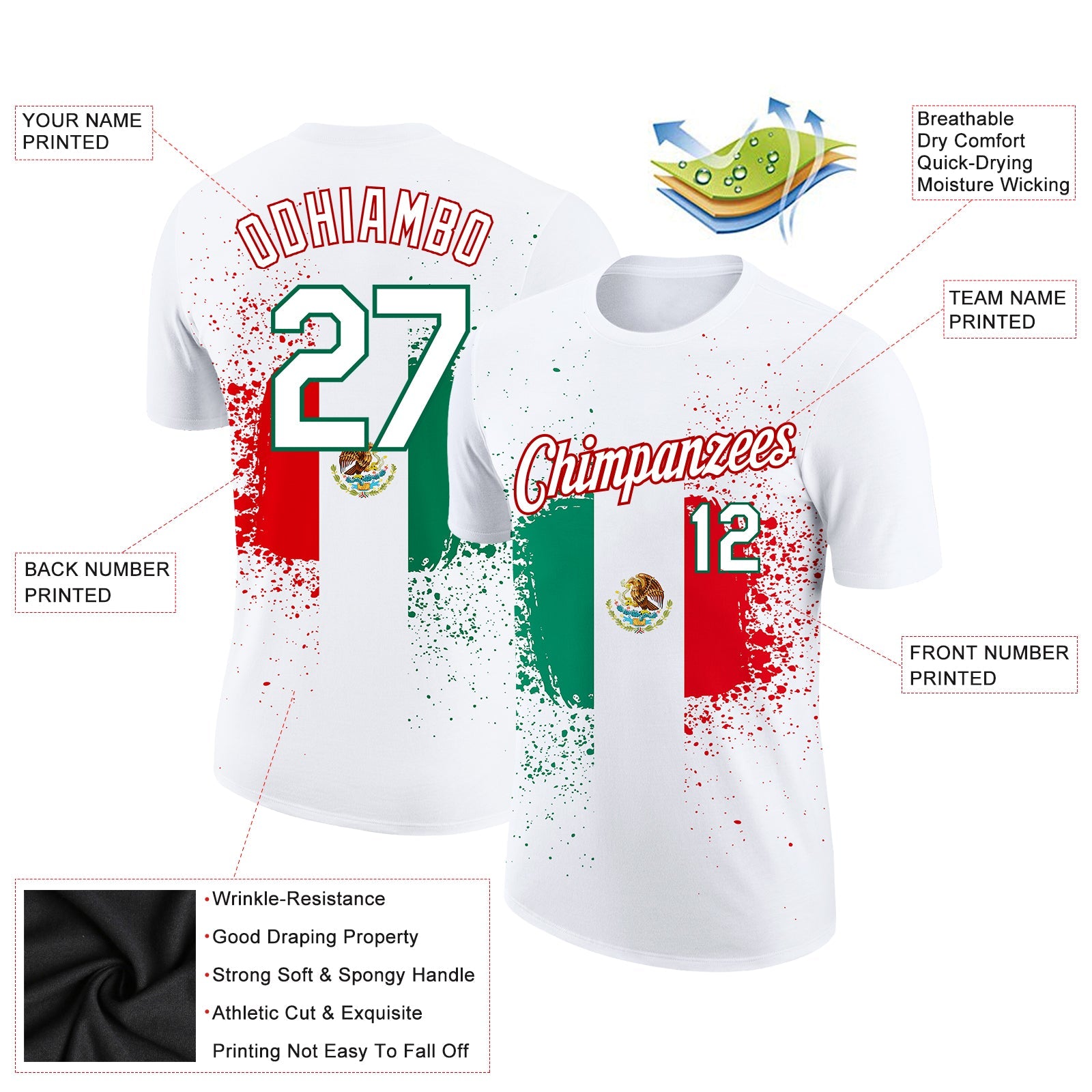 Custom White Kelly Green-Red 3D Mexican Flag Performance T-Shirt view 2