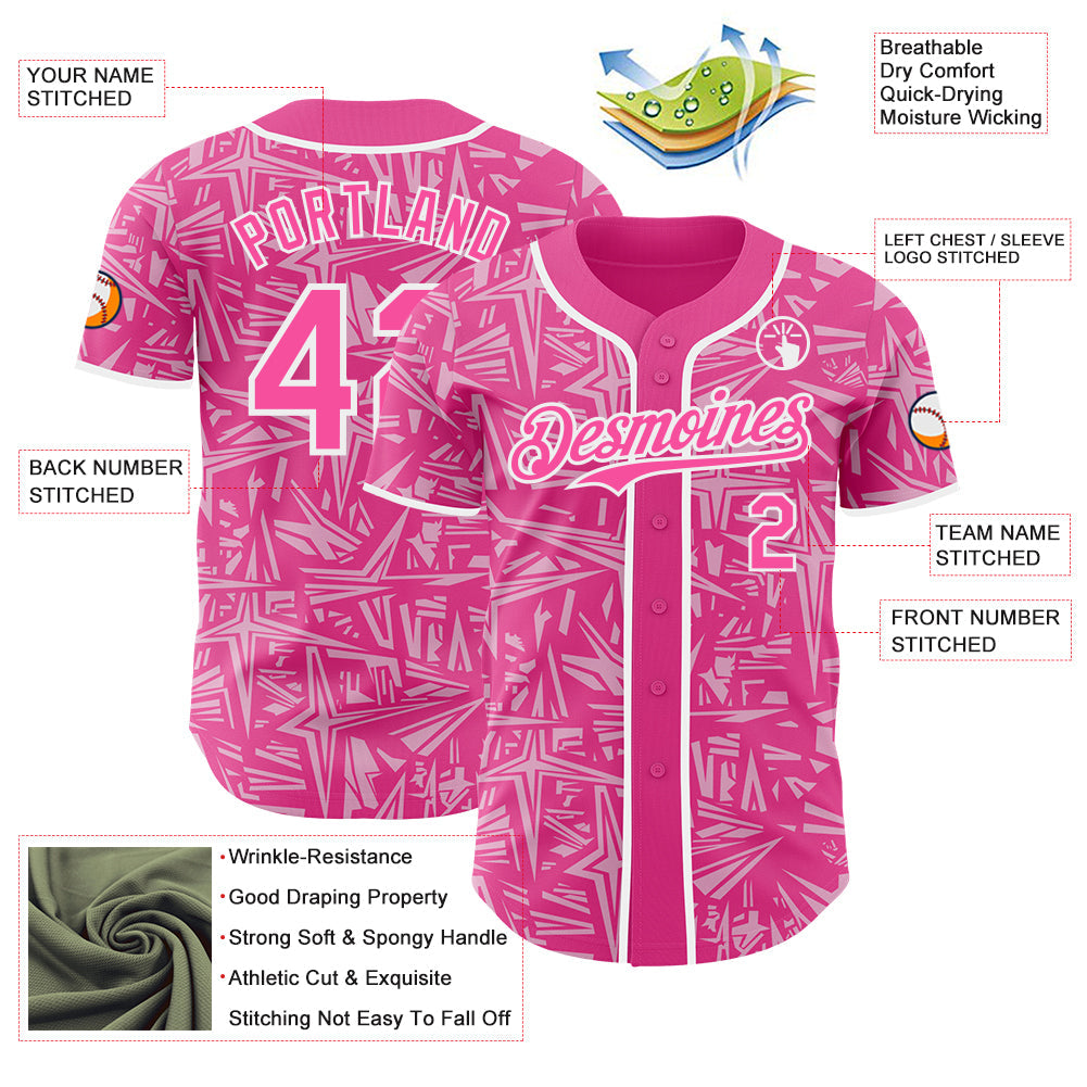 Custom Pink Light Pink-White Geometric Cyber Starburst Authentic Baseball Jersey view 3