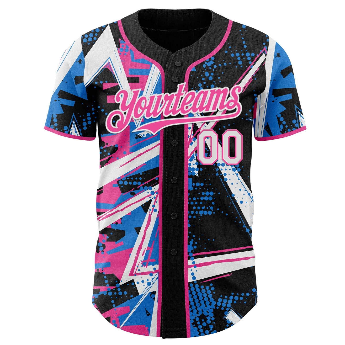 Custom Black White Electric Blue-Pink Geometric Shards Dot Grid Authentic Baseball Jersey view 2